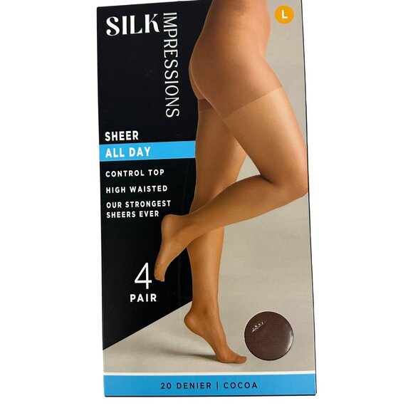 Silk Impressions Sheer All Day Control Top Pantyhose 4 Pairs L Cocoa 20 Denier - Picture 1 of 11